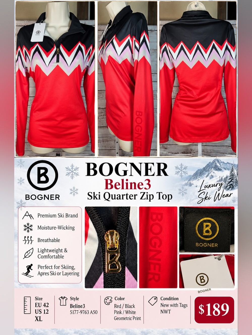 BOGNER Beline3 Ski Quarter Zip Base Layer Top XL US 12 Red Geometric NWT